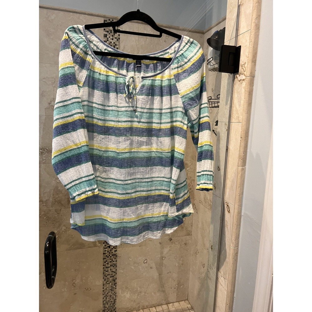 Chaps Ralph Lauren Blue White Floral Gauze Peasant Tunic Top Nautical XL Petite
